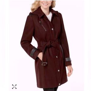 Michael Kors Burgundy Belted Coat With Leather Details